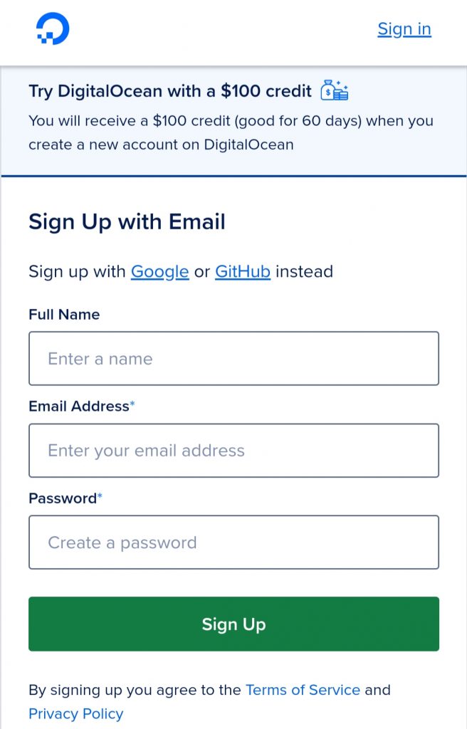 Digital Ocean Sign Up with Email